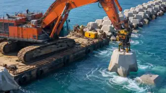 Hanstholm Limanı'nda Dalgalara Karşı Güçlendirme Çalışmaları Kapsamında 22 Tonluk Beton Bloklar Yerleştiriliyor